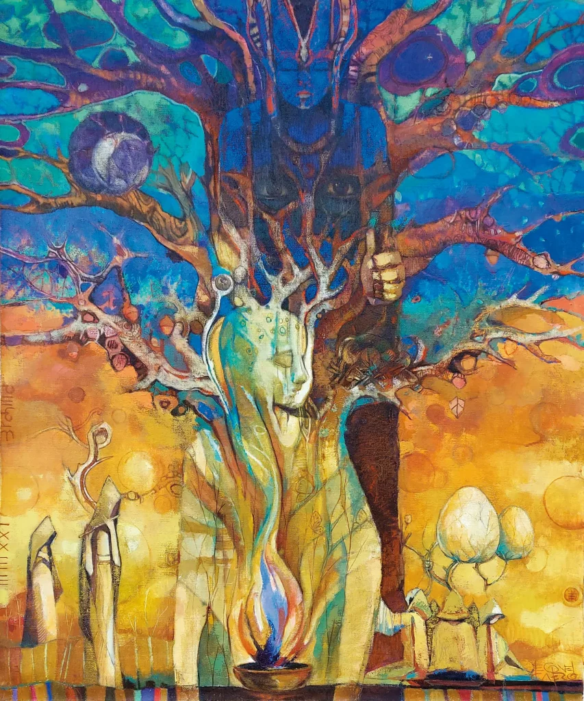 • inspirado en las culturas célticas de Europa. La relación del ser humano con el árbol, canal y mensajero divino. 1x1.20m, óleo sobre lienzo de lino, 2000€ reservado.