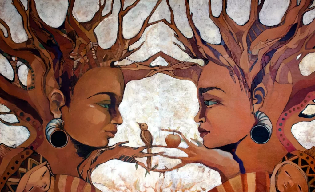 • Inspirado en las culturas Africanas. Tierras raíces de donde todo viene. Díptico: 2 cuadros de 1x1.20m, (total 2x1.20)m, óleo sobre lienzo de lino, 2000€.